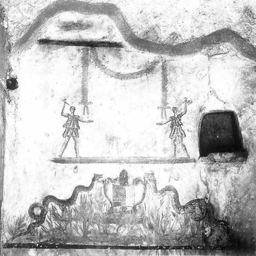 V.14, Herculaneum. May 2004. Detail of lararium on south wall of apartment. 
Photo courtesy of Nicolas Monteix.
