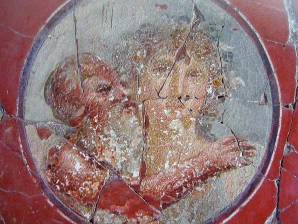 V.15 Herculaneum. Tablinum, medallion showing satyr and maenad, from north end of east wall. Photo by kind permission of Prof. Andrew Wallace-Hadrill.
See Wallace-Hadrill, A. (2011). Herculaneum, Past and Future. London, Frances Lincoln Ltd., p. 316.


