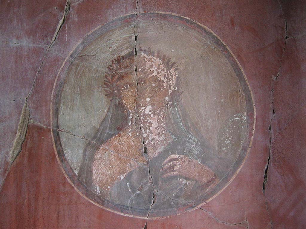 V.15 Herculaneum, 2004. Painting of Bacchante from south end of east wall.