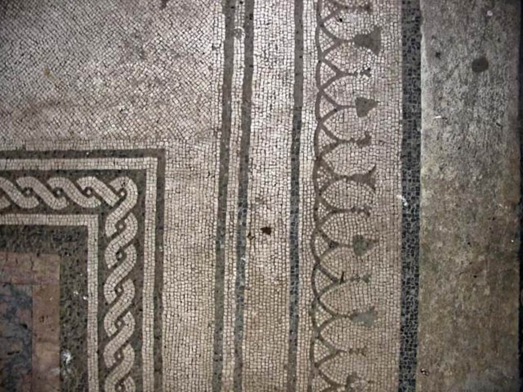 V.15, Herculaneum. May 2003. Tablinum, detail of white mosaic flooring bordered with rows of black. In the centre is a panel of opus sectile made from precious marbles. Photo courtesy of Nicolas Monteix.
