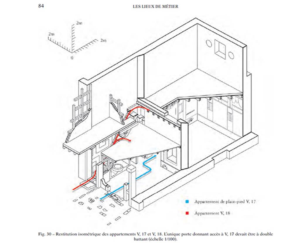 V.17/18 Herculaneum. 2010 isometric drawing of house. Photo courtesy of Nicolas Monteix.
Detail from book, showing position of the latrine at the rear of the stairs, against the south wall in the south-east corner of the mezzanine level.
See Monteix, Nicolas, 2010. Les lieux de metier. Boutiques et ateliers d’Herculanum. Ecole francaise de Rome, p. 84, fig. 30.

