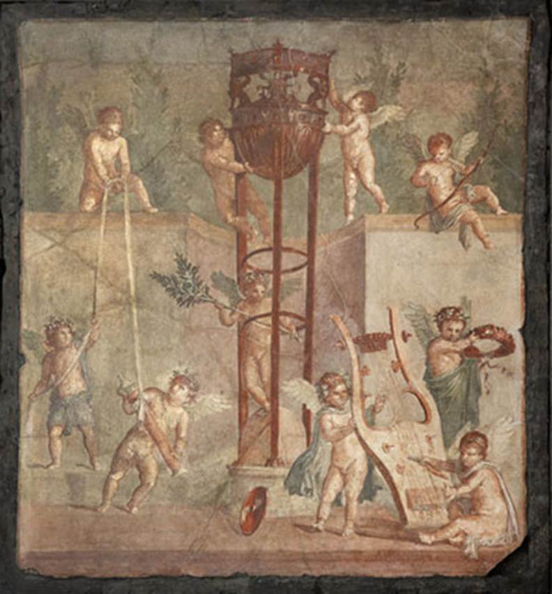 V.18/17, Herculaneum. 2013. Painting of cupids playing with the attributes of Apollo.
Found in the centre of the north wall in an upper room. 
Photo © The Trustees of the British Museum. All rights reserved. Image 01142093001.
The British Museum says this is SAP inventory number 77872.
