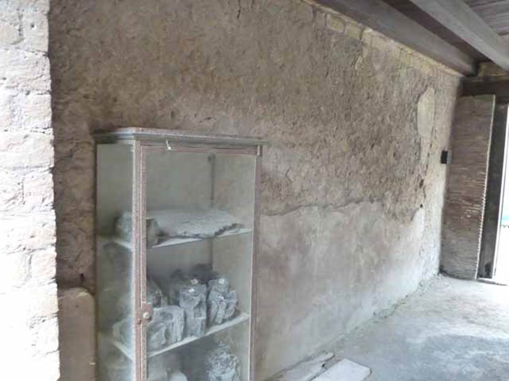 V 19, Herculaneum. May 2010. The glass show-case resting near the west wall contains some fragments of beams and carbonized wood.

