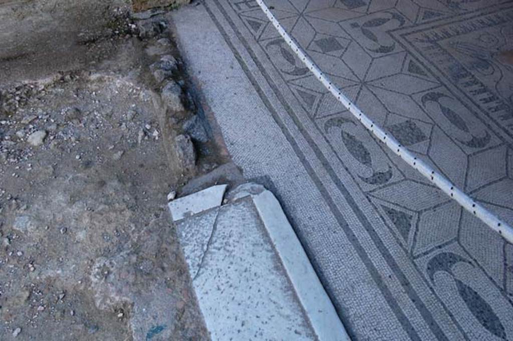 V.30 Herculaneum, May 2011. Oecus 1, looking north along doorway threshold and flooring. Photo courtesy of Nicolas Monteix. 