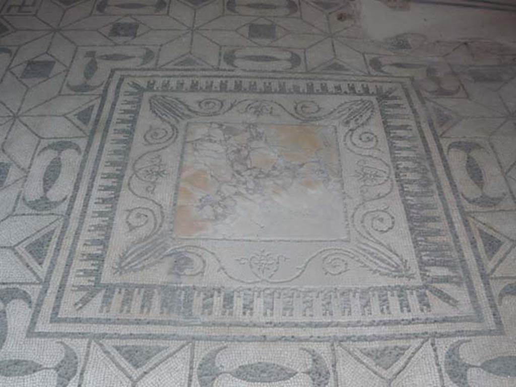V.30 Herculaneum. August 2013. 
Oecus 1, emblema set in black and white mosaic with central emblem of a slab of giallo antico marble. Photo courtesy of Buzz Ferebee.


