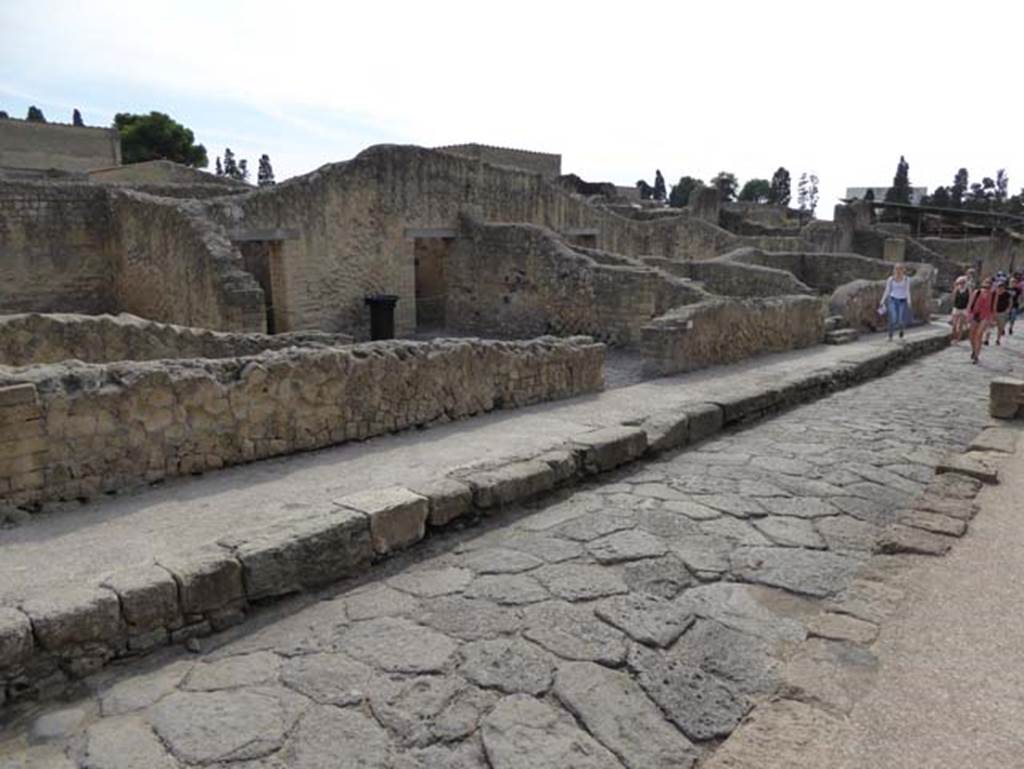 VI.2/3 Herculaneum, October 2014.  Looking south-east along east side of Cardo III Superiore, with doorways VI.2 and VI.3, leading into small hospitium. Photo courtesy of Michael Binns.
