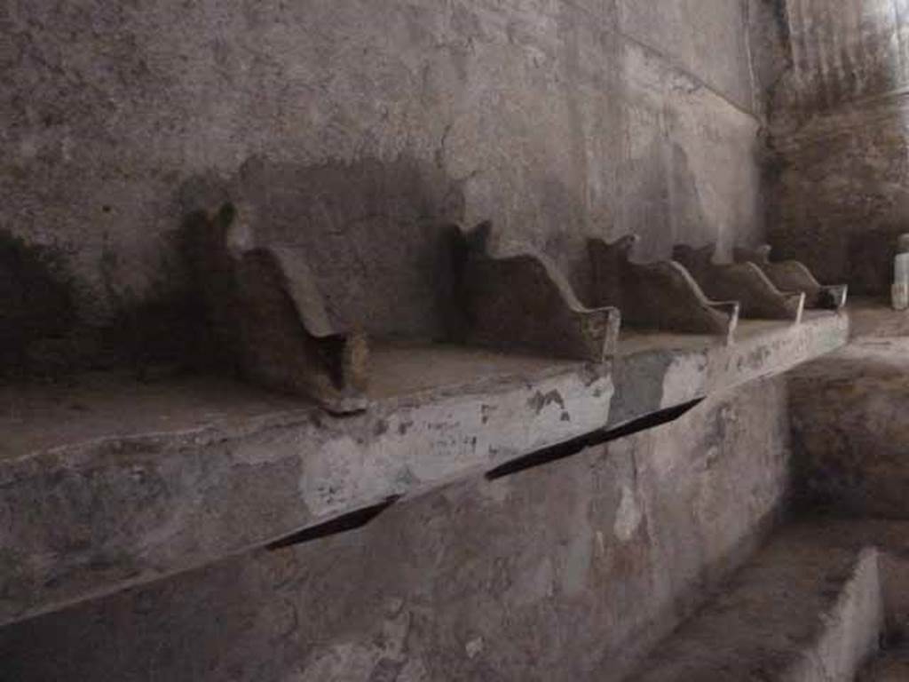 VI.8, Herculaneum. May 2010. Shelving and seating on south wall of tepidarium.
