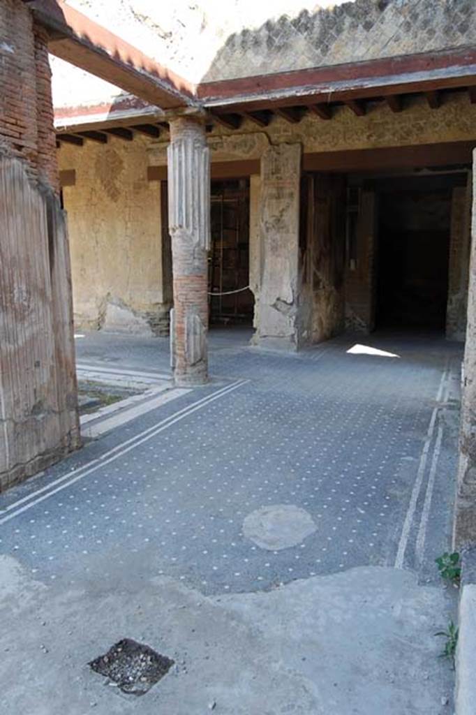 VI.13, Herculaneum, May 2011. Peristyle 13, looking west across north side of peristyle.
In the centre behind a column is the doorway to the large oecus, the Salon Nero, from which the house is named.
On the right is the doorway to the small room on the north side of the oecus, a cubiculum with anteroom.
Photo courtesy of Nicolas Monteix.
