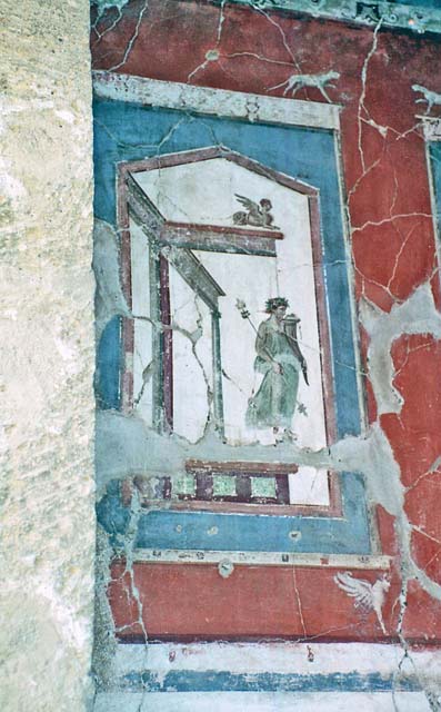 Ins. VI 16, Herculaneum, September 2015. Remaining painting at north end of east wall.