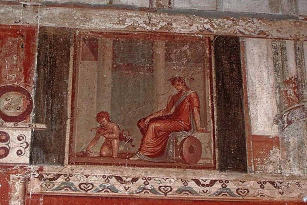 VI.17, Herculaneum. February 2003. Painting from south wall of oecus of a Maenad sitting watching boy Pan.
Photo courtesy of Nicolas Monteix.
