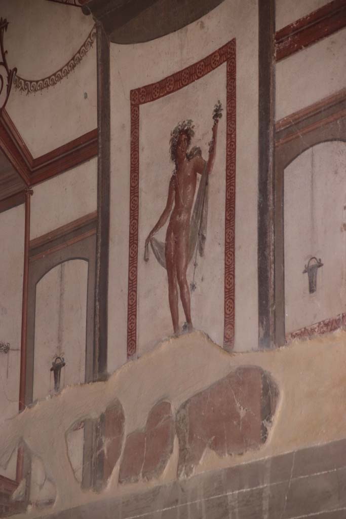 VI.17 Herculaneum. September 2019. Detail of painted figure from upper centre of east wall of triclinium. 
Photo courtesy of Klaus Heese.
