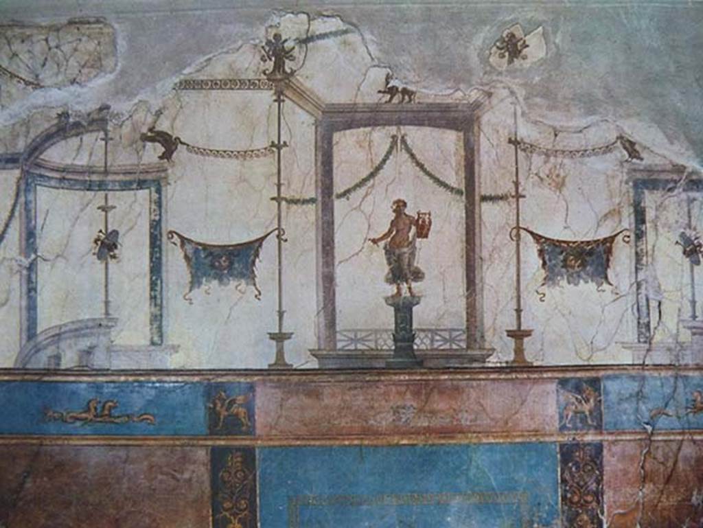 VI.17, Herculaneum. Detail of painted decoration on upper west wall of tablinum.