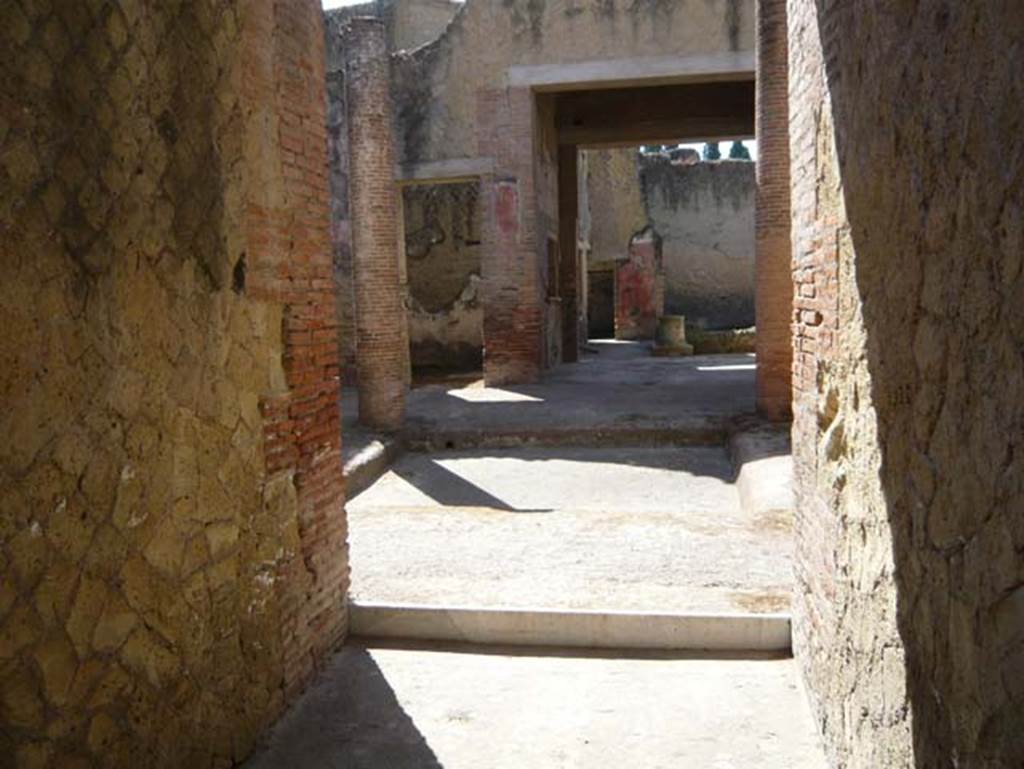 VI.29 Herculaneum, August 2013. Looking north-east across impluvium in atrium, from entrance corridor.
Photo courtesy of Buzz Ferebee. 
The doorway to room 4, a diaeta (a day room/living room) can be seen, centre left. 
Originally this room would have also been linked by a doorway to the rear peristyle.
Room 5, the tablinum can be seen, centre right, also linked through to the rear peristyle.
See Pesando, F. and Guidobaldi, M.P. (2006). Pompei, Oplontis, Ercolano, Stabiae. Editori Laterza, (p.370).

