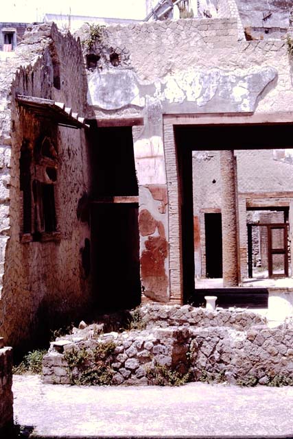 VI. 29 Herculaneum, 1964. Looking west from second atrium which would have been used as a garden, towards entrance doorway. Also in this atrium on the south wall, left, were lararium niches. Photo by Stanley A. Jashemski.
Source: The Wilhelmina and Stanley A. Jashemski archive in the University of Maryland Library, Special Collections (See collection page) and made available under the Creative Commons Attribution-Non Commercial License v.4. See Licence and use details. J64f1150

