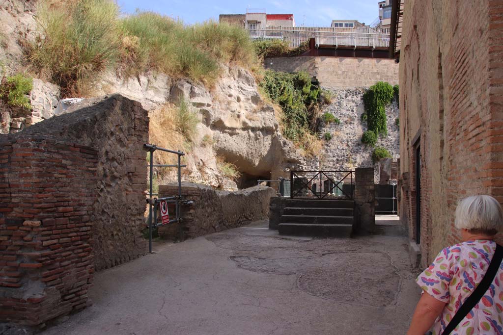 VII.16 Herculaneum, September 2019. Looking north along the west side of Cardo III, with entrance doorway on right of centre.
Photo courtesy of Klaus Heese.
