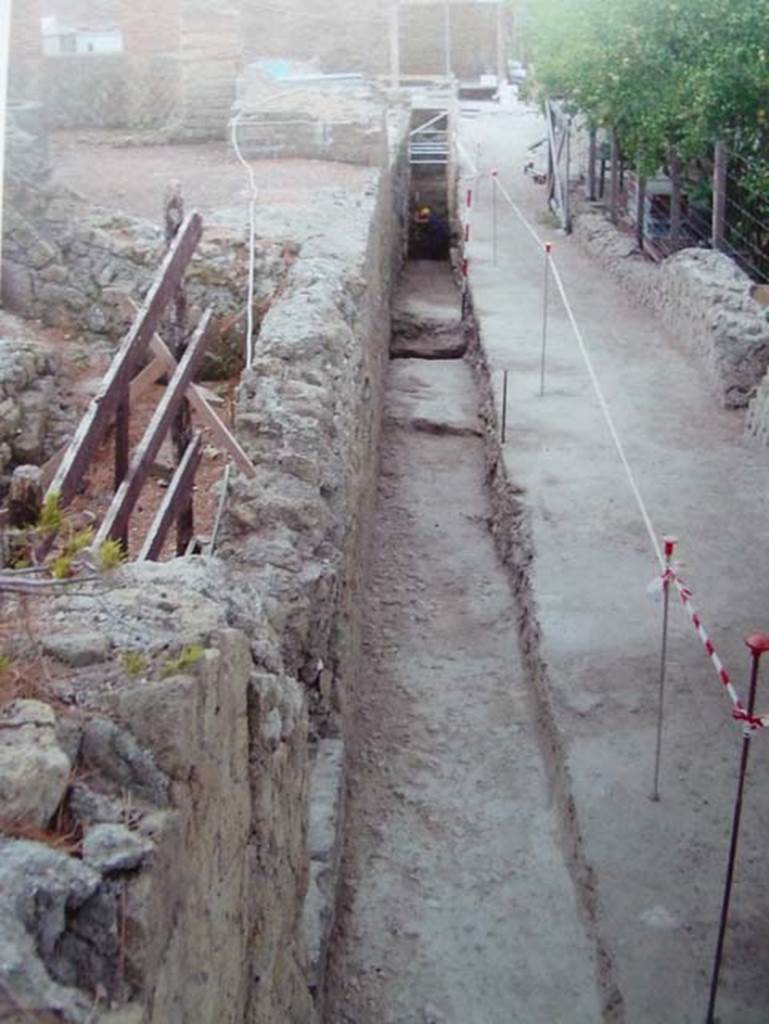 Herculaneum Ins. Orientalis I.3, on right. 
Looking east along test trench in Vicolo Meridionale showing steep drop in natural terrain to the east.
See Wallace-Hadrill, A. (2011). Herculaneum, Past and Future. London, Frances Lincoln Ltd., p. 105.
