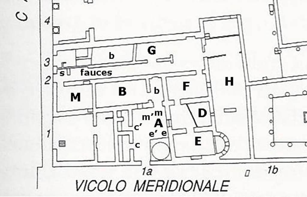 Ins. Or. II, 1ª, Herculaneum. Plan of bakery with room numbers used by Maiuri and used on our page.
See Maiuri A., 1958. Ercolano I Nuovi Scavi (1927-1958) Vol. 1. Roma: Istituto Poligrafico dello Stato, p. 451, fig. 401.