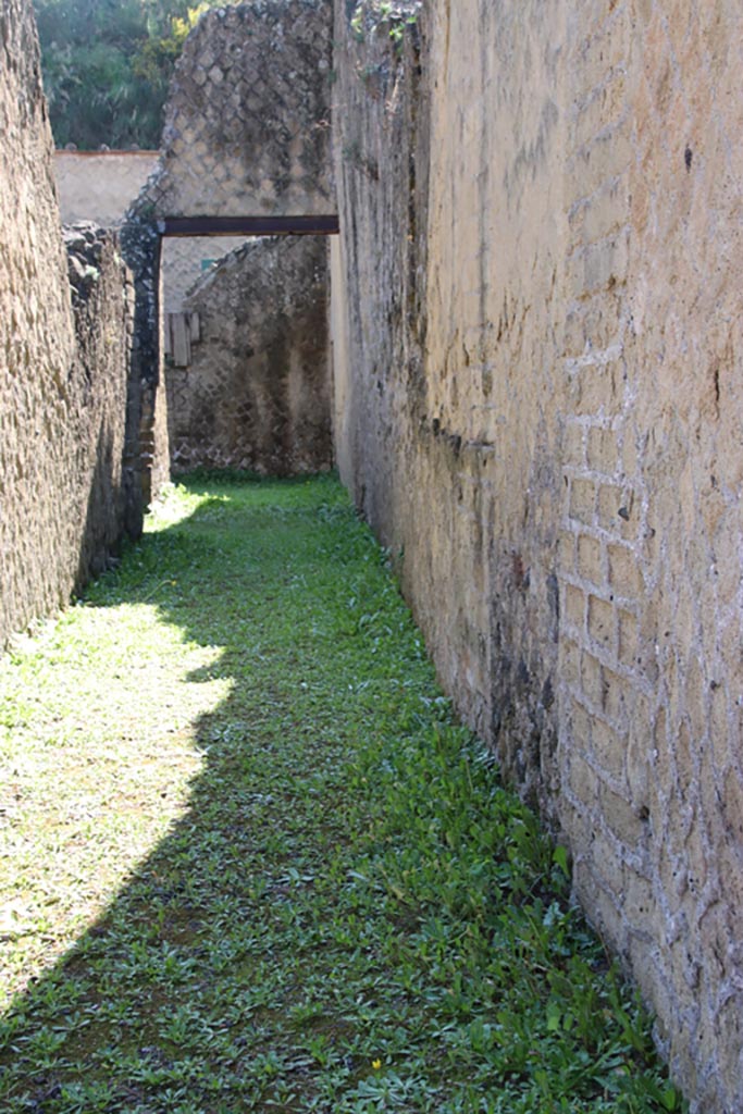 Ins. Orientalis II 2, Herculaneum, September 2015. 
Looking east from doorway along the long corridor, with doorway to room M on right. 