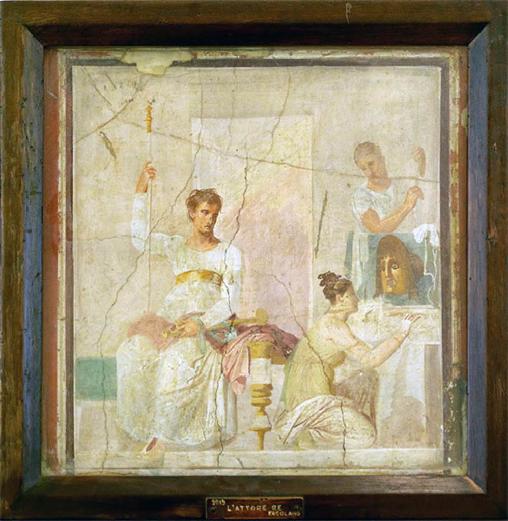 Ins.Orientalis II.4, 19 Herculaneum. Painting entitled the Actor King.
Now in Naples Archaeological Museum. Inventory number 9019. 
This is shown in AdE IV, 197, 42 and described as being found in the excavations of Portici, in February 1761.
According to Pagano & Prisciandaro, other paintings and fragments of paintings were found in the area of the Palaestra in February 1761.
See Pagano, M. and Prisciandaro, R., 2006. Studio sulle provenienze degli oggetti rinvenuti negli scavi borbonici del regno di Napoli.  Naples: Nicola Longobardi. 
(p.218 dated 21st February 1761.)
