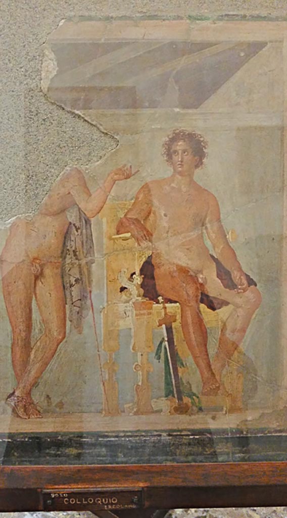 Ins. Orientalis II.4, 19 Herculaneum. Painting of a young nude hero sitting on a golden chair with a sword leaning against it.
Now in Naples Archaeological Museum, inventory number 9020. Photo courtesy of Giuseppe Ciaramella, November 2018.
