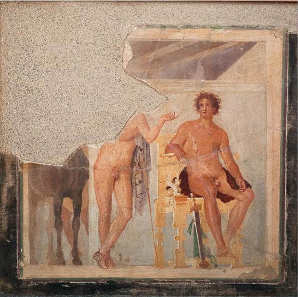 Ins. Orientalis II.4, 19 Herculaneum. Painting of a young nude hero sitting on a golden chair with a sword leaning against it.
Next to him stands another young nude, but missing his head and right arm, and on the left, only half a horse can be seen.  
Now in Naples Archaeological Museum. Inventory number 9020.
This is shown in AdE IV, 211, 44, and described as being found together with the preceding painting in the month of February 1761 at Portici.
See also Pagano, M. and Prisciandaro, R., 2006. Studio sulle provenienze degli oggetti rinvenuti negli scavi borbonici del regno di Napoli.  Naples: Nicola Longobardi. 
(p.218 dated 21st February 1761.)
