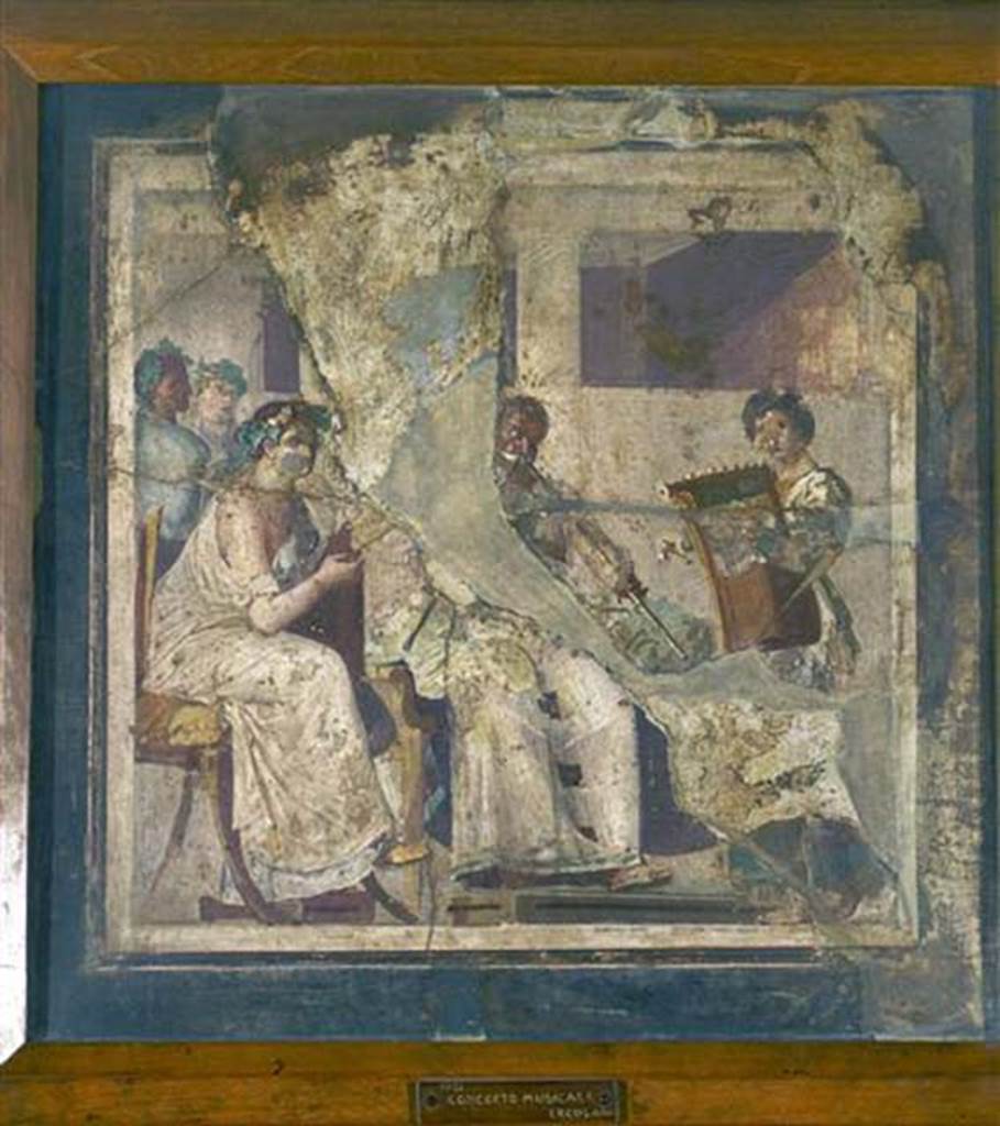 Ins. Orientalis II.4, 19 Herculaneum. Painting of a musical concert.
Now in Naples Archaeological Museum. Inventory number 9021
This is shown in AdE IV, 207, 43, and described as being found together with the preceding paintings in the month of February 1761 at Portici.
According to Pagano & Prisciandaro, this painting was recomposed from two fragments found in the area of the Palaestra in February 1761.