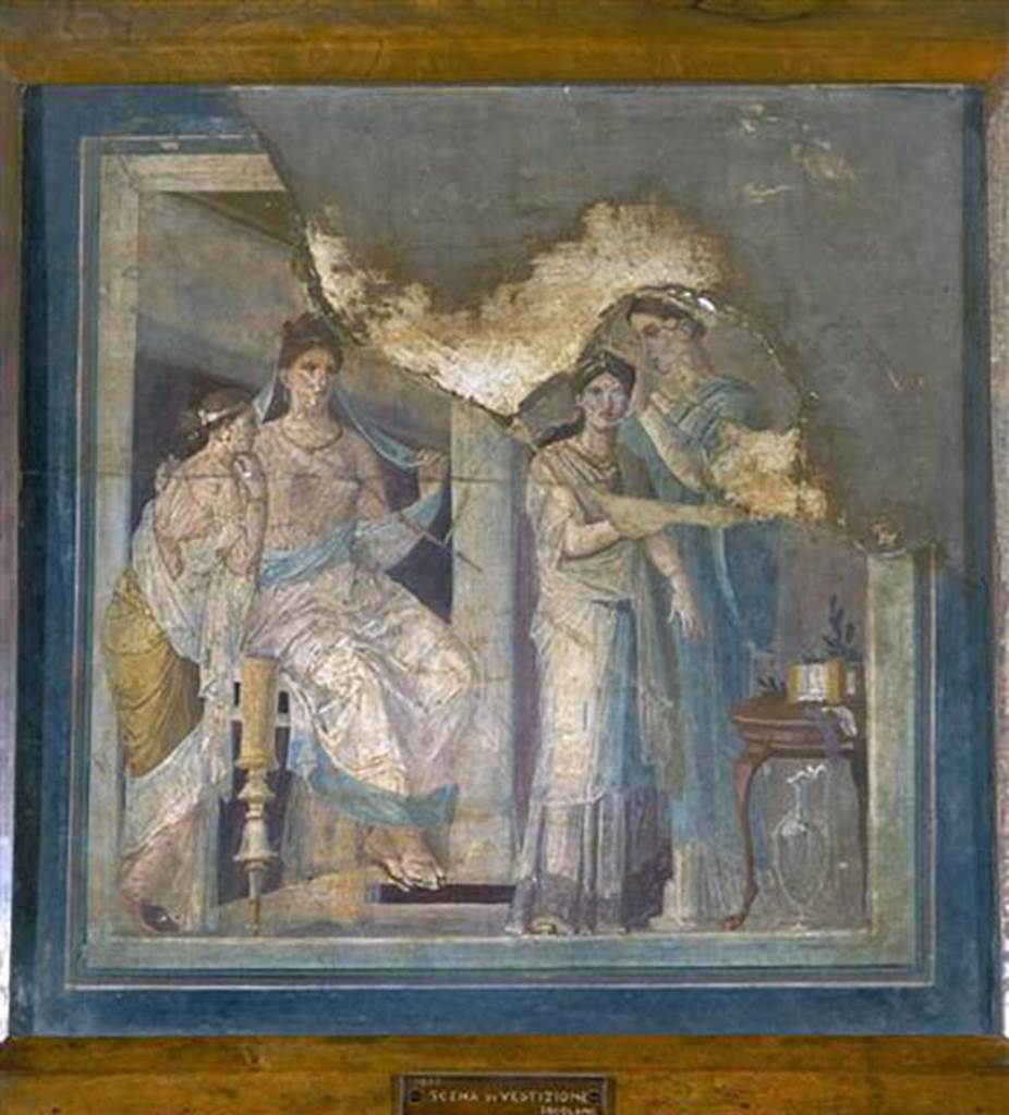 Ins. Orientalis II.4, 19 Herculaneum. Painting of girl having her hair dressed
Now in Naples Archaeological Museum. Inventory number 9022.
This is shown in AdE IV, 207, 43, and described as being found together with the preceding paintings in the month of February 1761 at Portici.
According to Pagano & Prisciandaro, this painting was recomposed from fragments found in the area of the Palaestra in February 1761.
According to Parslow, in February 1761 a shaft was sunk from one of the upper level rooms of the Palaestra down into one of the rooms flanking the great apsidal hall.
By luck this narrow shaft dropped directly onto a series of small mounted paintings resting on the mosaic floor and leaning up against one wall.
See Parslow, C. C. (1998). Rediscovering Antiquity, Cambridge Univ. Press, ((p.148-149, and fig.41) 
