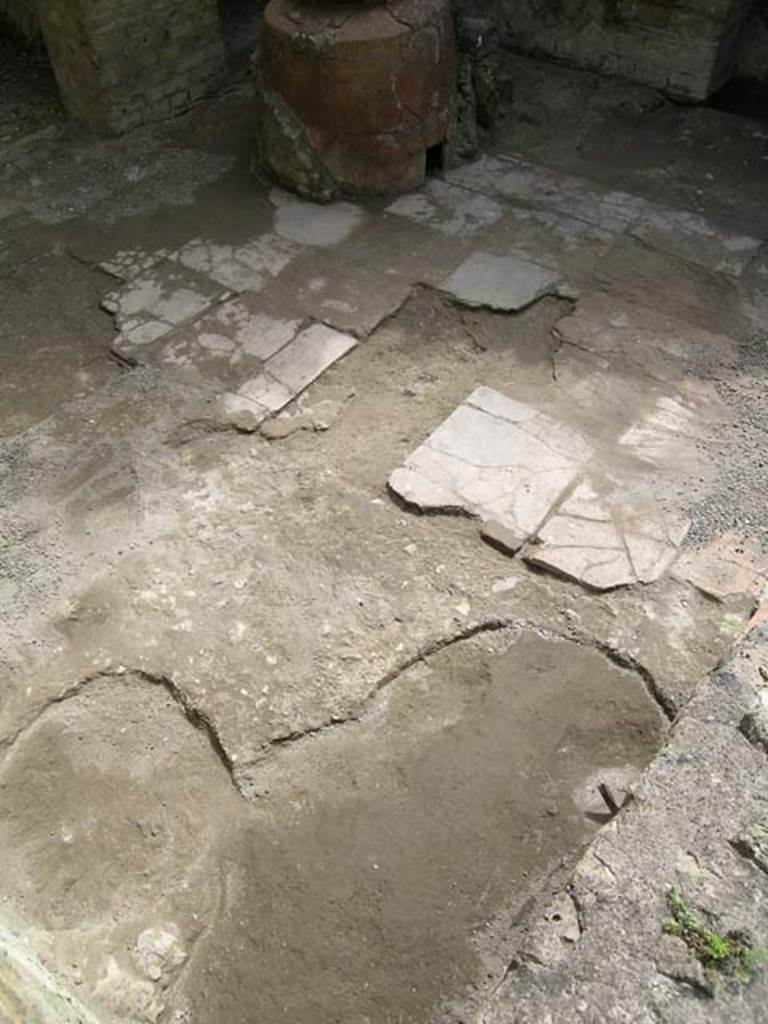 Ins Or II, 5, Herculaneum. May 2004. Depressions/holes in flooring, looking south-east across workshop-room.
Photo courtesy of Nicolas Monteix.
