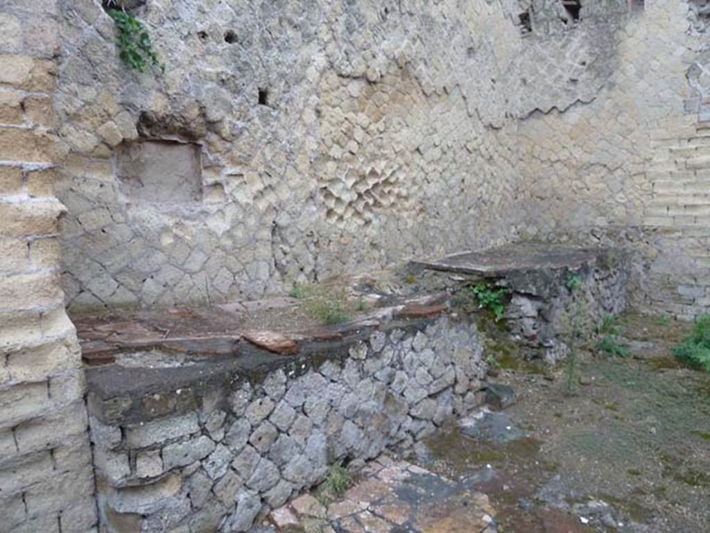 Ins. Orientalis II.18, Herculaneum. September 2015. 
Looking towards north wall, with remains of furnace in middle of remains of two big counters.
