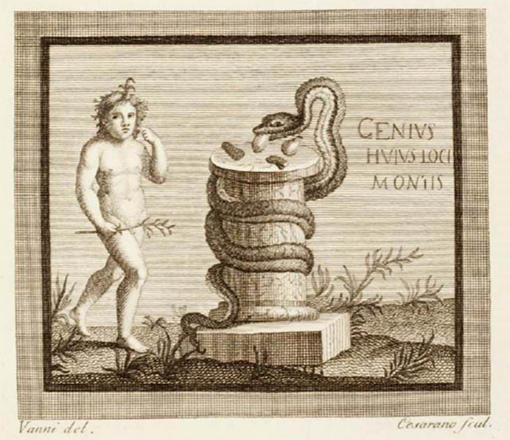 VI.26 Herculaneum? 17th century incision, including the inscription Genius huius loci montis [CIL IV. 1176]. 
See Antichità di Ercolano: Tomo Primo: Le Pitture 1, 1757, Tav. 38, p.207.

