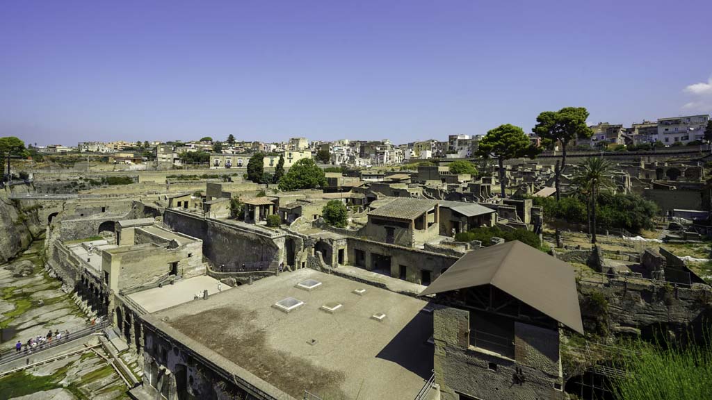 Herculaneum, October 2022. 
Looking west from entrance roadway, above original beachfront. Photo courtesy of Klaus Heese.
