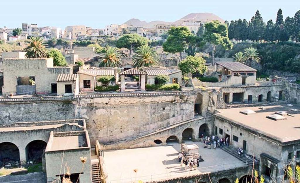 Herculaneum, May 2007. Looking north towards the Terrace of Balbus, centre, with east end of arched openings described as boat-sheds below it. Photo courtesy of Buzz Ferebee.

