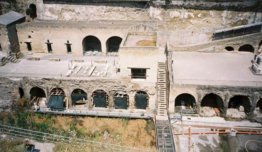 Herculaneum, May 2001. Looking north from roadway towards the Terrace of Balbus, with boatsheds below.  Photo courtesy of Current Archaeology.
