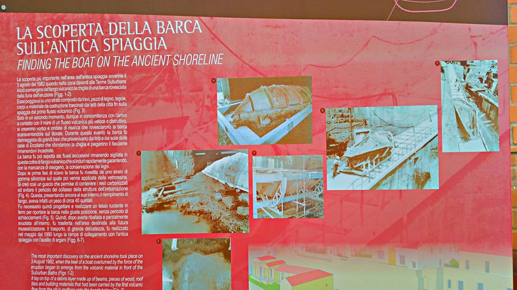 Herculaneum, June 2019. Drawing of how the boat would have looked, detail from information card at exhibition.
Photo courtesy of Buzz Ferebee.
