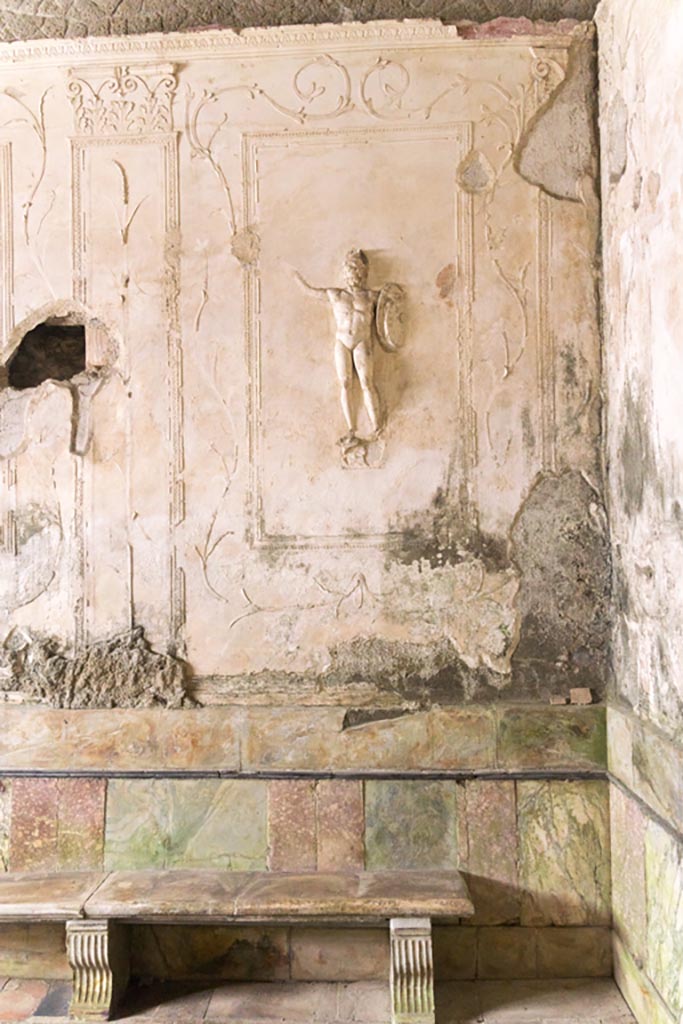 Suburban Baths, Herculaneum. October 2001. The zoccolo on the walls of the tepidarium was formed from slabs of marble. There were two marble benches with legs in the form of a griffin. Photo courtesy of Peter Woods.

