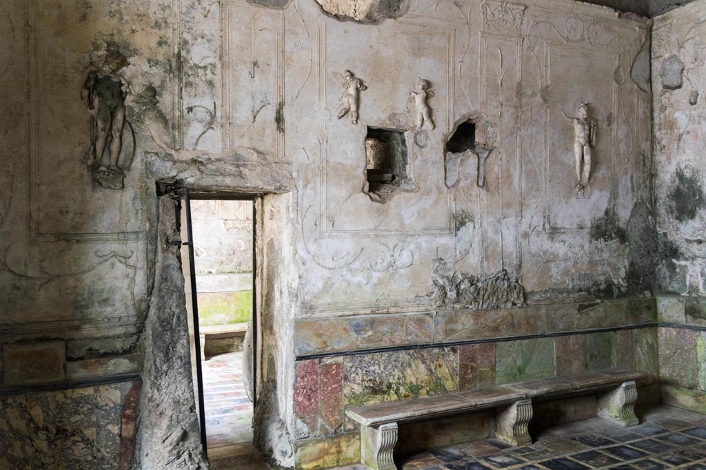 Herculaneum Suburban Baths. October 2023. 
West wall of tepidarium, with doorway into smaller original caldarium. Photo courtesy of Johannes Eber. 

