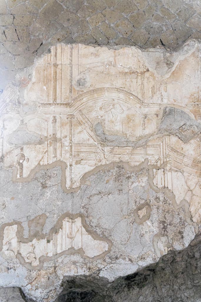 Herculaneum Suburban Baths. October 2023. Detail of wall stucco above hot plunge bath.
North end of original caldarium. Photo courtesy of Johannes Eber. 

