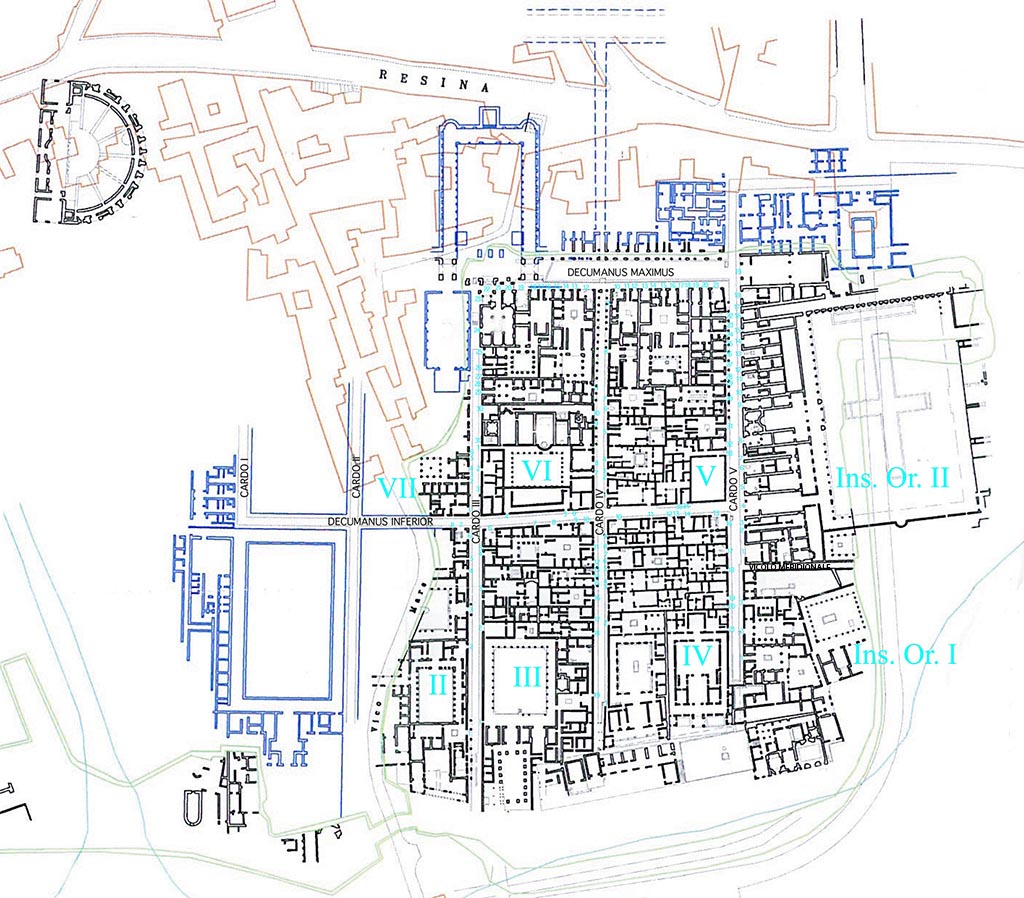 Cardo I and II, Herculaneum. Plan after Pagano 2007.
The areas in blue, including Cardo I and Cardo II, are known only from Bourbon plans and drawings and are not visible.
The areas in black are the visible excavated structures.
Brown shows modern Ercolano.
Green shows the limit of the excavations.
Despite the difficulties of surveying in tunnels (the instrument, the ‘circumferator’, could not even turn round as it had to do to work, in some) at least fourteen plans were produced between 1739 and 1750.
See Wallace-Hadrill, A., 2011. Herculaneum Past and Future. London: Frances Lincoln, p. 50.
in 1741, the prime minister of the Bourbon King appointed Pierre Bardet de Villeneuve as the director of the excavations at Herculaneum. Bardet was a French engineer and was also serving in the corps of royal engineers at Portici. Bardet continued to excavate the site for the next four years by using the tunnelling method but a noteworthy change he made was to excavate along the street lines so as not to destroy and cut through any walls.
See Özgenel, L., 2008. A Tale of Two Cities: In Search for Ancient Pompeii And Herculaneum. METU JFA 2008/1, p. 12.

