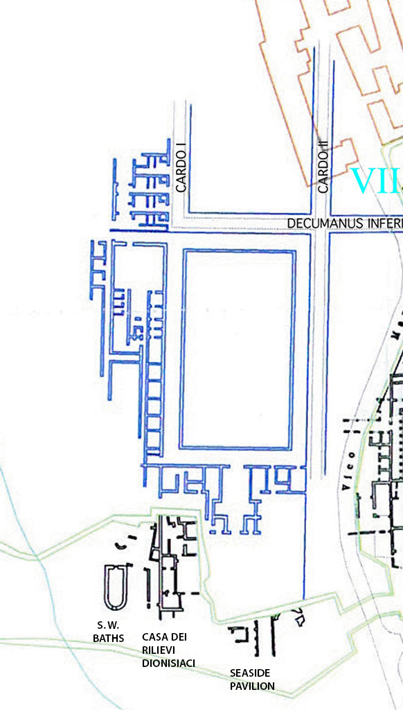 Cardo I and II, Herculaneum. Plan showing relationship to parts of the Villa of the Papyri complex. After Pagano 2007.
The plan shows the recently excavated Casa dei Rilievi Dionisiaci and the Seaside Pavilion which appear to align with the rest of insula I and II. 
The steps at the bottom of Cardo II have been found in these new excavations towards the Villa of the Papyri.
The same excavations verify the Bourbon maps in suggesting that the westernmost block of the town was thinner than the others, with an offset profile, narrowed by the steep drop in the land presumably caused by the passage of the westernmost of the two rivers described by the Roman historian Lucius Cornelius Sisenna:
“Oppidum tumulo in excelso loco propter mare, parvis moenibus, inter duos fluvios infra Vesuvium collocatum”
(The town, enclosed by small walls, stands on top of a promontory by the sea between two rivers at the bottom of Vesuvius)
See Wallace-Hadrill, A., 2011. Herculaneum Past and Future. London: Frances Lincoln, p. 98-99.

