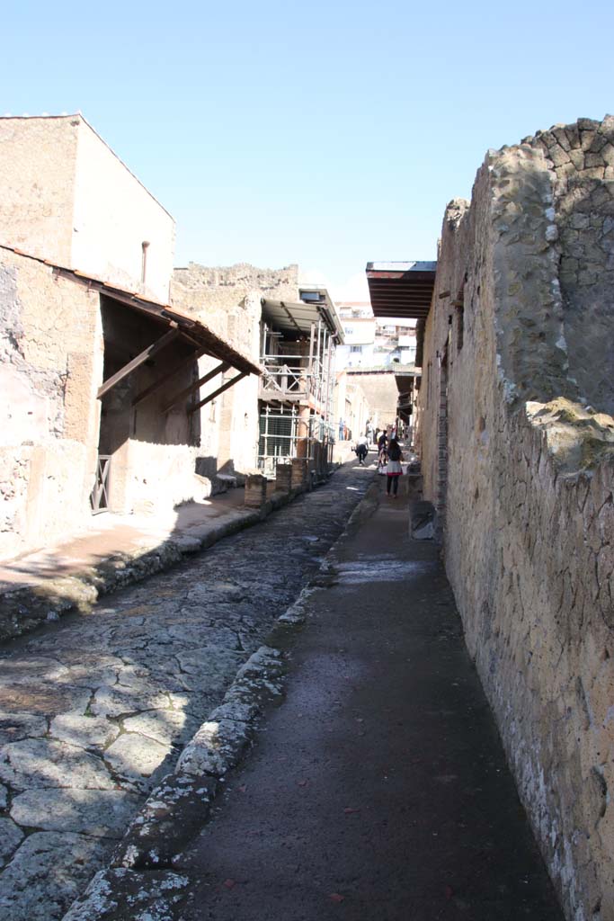 Cardo IV Inferiore, Herculaneum, September 2015. Looking north between Ins. III, on left, and Ins. IV, 2/1 on right.