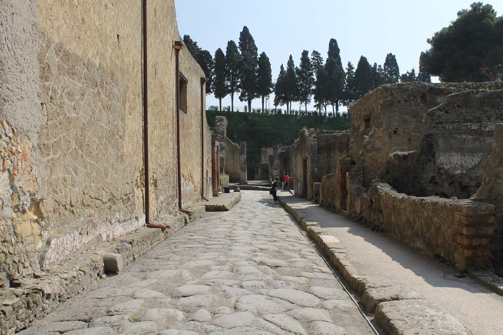 Decumanus Inferiore, Herculaneum. September 2015. Looking west along façade of V.1, towards remains of water tower, on corner with Cardo IV.  Photo courtesy of Michael Binns.
