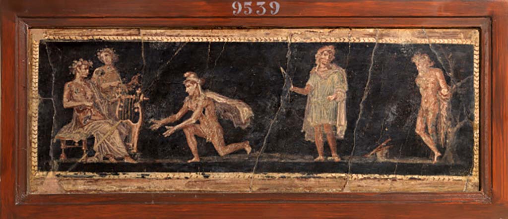 Ercolano Casa vicino al Teatro or Herculaneum House near the Theatre. Painting of Apollo, Olympus and Marsyas. 
Now in Naples Archaeological Museum. Inventory number 9539.
See Grimaldi, M. (Cur.), 2021. The Painters of Pompeii. Roma: MondoMostre, page 64/65, fig.3. House near the Theatre.
See Antichità di Ercolano: Tomo Secondo: Le Pitture 2, 1760, p. 121, Tav. XIX.

