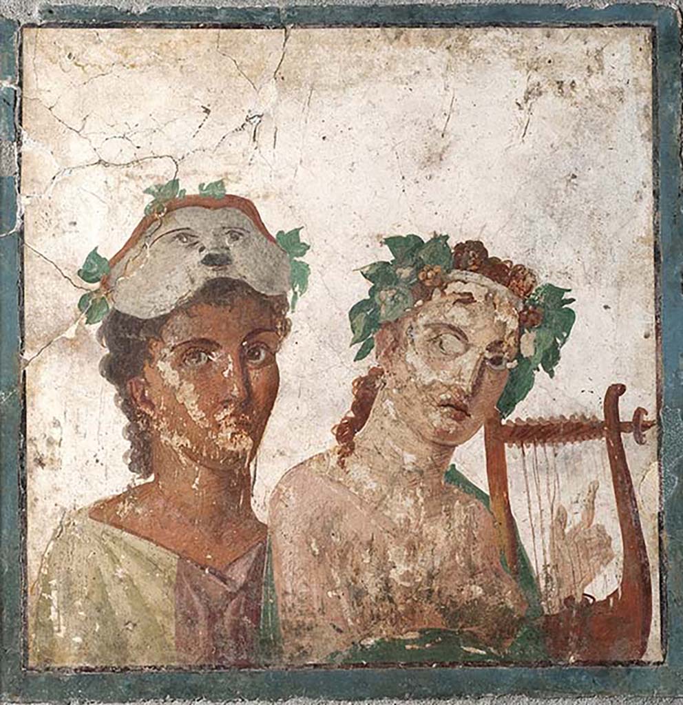 Ercolano Casa vicino al Teatro or Herculaneum House near the Theatre.
Painting of two actors/muses, one playing the lyre, the other with a mask lifted above the head, both with crowns of vine leaves. 
Now in Naples Archaeological Museum. Inventory number 9079.
See Antichità di Ercolano: Tomo Quarto: Le Pitture 4, 1765, Tav. XXXV, p. 167.
See Helbig, W., 1868. Wandgemälde der vom Vesuv verschütteten Städte Campaniens. Leipzig: Breitkopf und Härtel, 1441.
