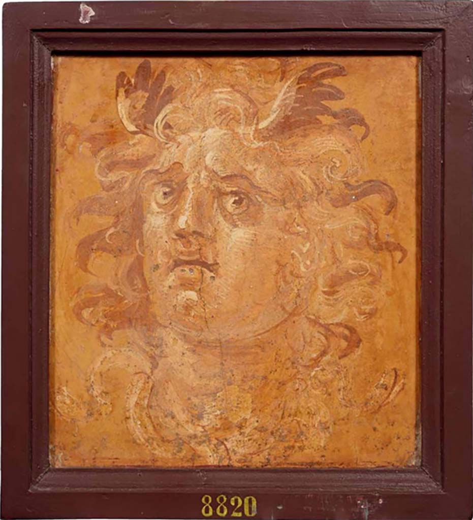 House in the vicinity of the Herculaneum Theatre or Villa dei Papiri, Herculaneum. Fresco of head of Medusa.
Now in Naples Archaeological Museum. Inventory number 8820.
According to Lapatin, three heads of beardless figures with wild hair and wings sprouting from the forehead had been attributed to the Villa dei Papiri, but this may be an error and they may be from a house in the vicinity of the Herculaneum Theatre.
See Catalogue (p. 226, pl. 49) of exhibition entitled “Buried by Vesuvius, the Villa dei Papiri at Herculaneum”, edited by Kenneth Lapatin. 
