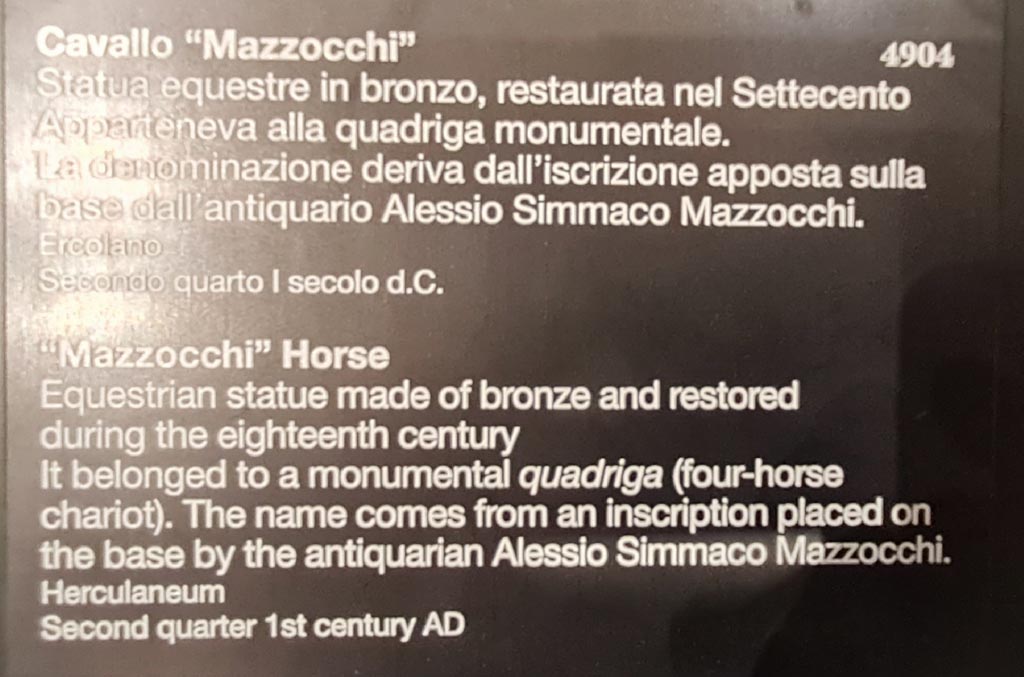Herculaneum, April 2023. Descriptive card for Mazzocchi horse. Photo courtesy of Giuseppe Ciaramella.