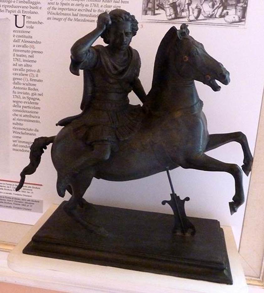 Herculaneum Theatre. Found in 1761. Reproduction of bronze statuette of Alexander on horseback. 
This was found along with a riderless horse near the theatre.