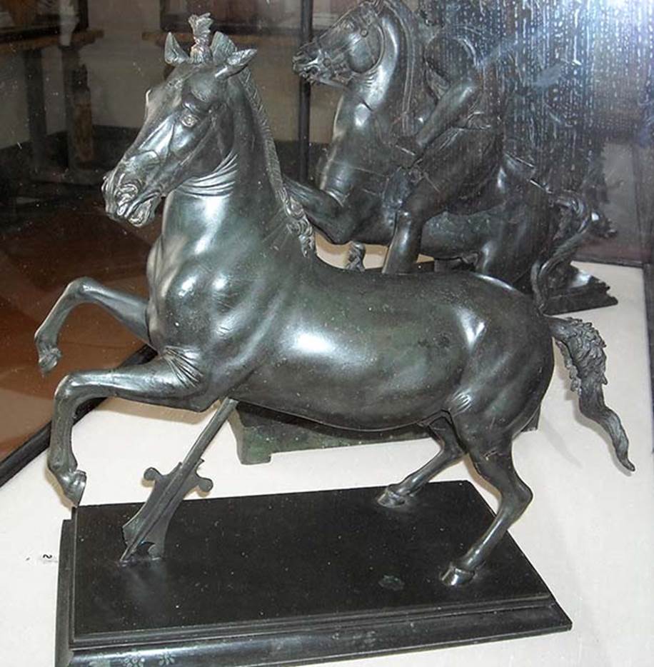Herculaneum Theatre. Found in 1761. Bronze statuette of riderless horse. 
Now in Naples Archaeological Museum. Inventory number 4894.
