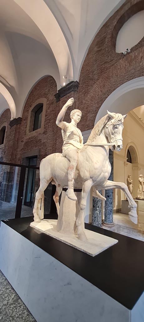 Herculaneum, public area. April 2023. 
White marble statue of Marcus Nonius Balbus, on display in “Campania Romana” gallery of Naples Archaeological Museum, inv. 6014.
Photo courtesy of Giuseppe Ciaramella.
