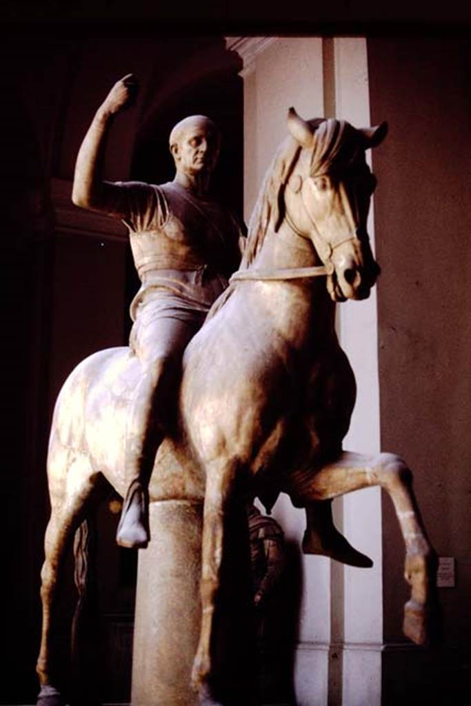 Herculaneum Theatre. 1978. Statue of M. Nonius Balbus, 
Now in Naples Archaeological Museum. Inventory number 6211.
This statue is often identified as the father of M. Nonius Balbus.
The two statues on horseback may be of the same M. Nonius Balbus but portraying earlier and later stages in his life.
See Cooley, A. and M.G.L., 2014. Pompeii and Herculaneum: A Sourcebook. London: Routledge, (p.186-191, F94-105) 
Photo by Stanley A. Jashemski.   
Source: The Wilhelmina and Stanley A. Jashemski archive in the University of Maryland Library, Special Collections (See collection page) and made available under the Creative Commons Attribution-Non Commercial License v.4. See Licence and use details.
J78f0441
According to Wallace-Hadrill, this statue is often thought of as being from the so-called Basilica but in fact was from outside the theatre.
See Wallace-Hadrill, A. 2011. Herculaneum, Past and Future. London, Frances Lincoln Ltd, (p.192).

According to the information board in the Palazzo Reale at Portici in 2015, the two statues are believed to portray the same individual, being honoured respectively, by the towns of Nuceria and Herculaneum.