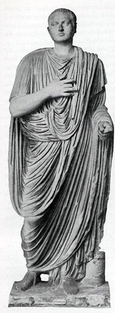 Herculaneum Theatre, 1976. Perhaps M. Nonius Balbus. 
Now in Naples Archaeological Museum. Inventory number 6246.
This statue is associated with the inscription cil x 1439.
M(arco) Nonio M(arci) f(ilio) Balbo
Patri
d(ecreto) d(ecurionum)   [CIL X 1439]

